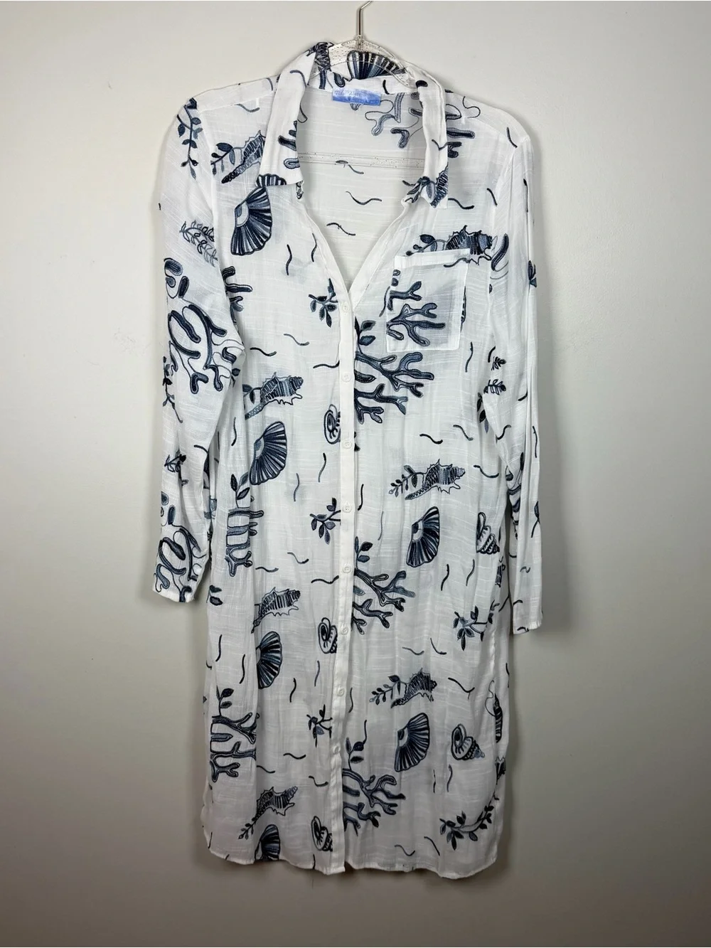 Tidal Wave Beach White Shell Coastal Embroidered Midi Button Swim Coverup Medium